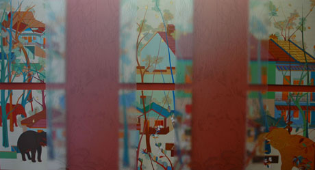 Phaptawan Suwannakudt, An Elephant Journey, 2005, six panels of acrylic on canvas each 120 x 100 cms, two perspex panels each 250 x 130